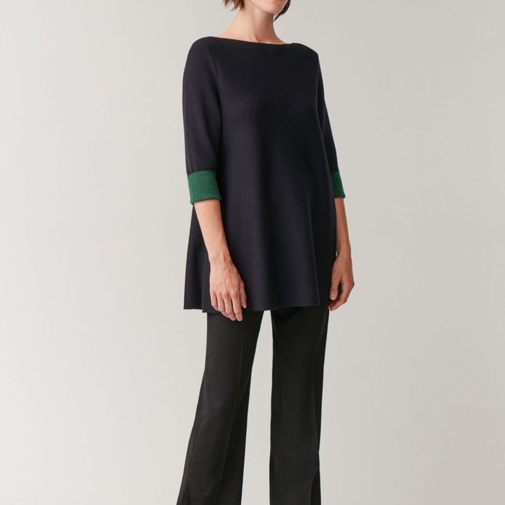 COS Navy Blue Double Face Wool Knit Boat Neck Tunic Top